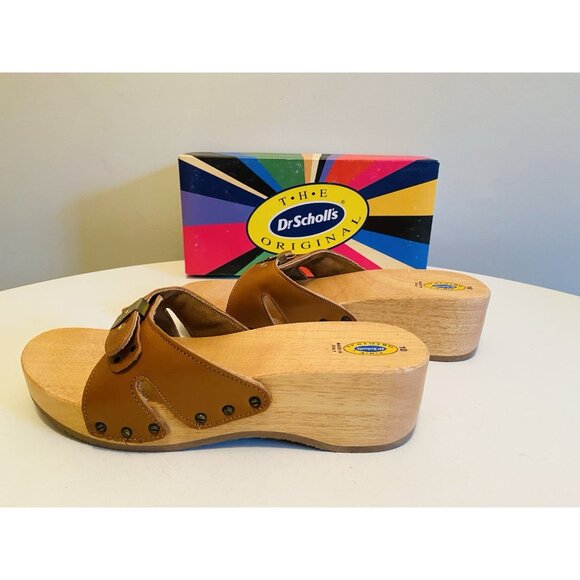 Dr Scholls Women Size 10 M Wood Exercise Clog Sandal Tan Leather Slide Shoe New - Picture 9 of 15